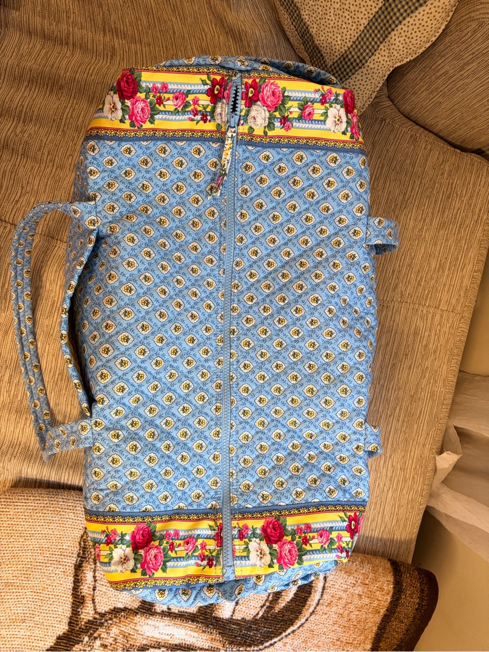 Vera Bradley Light Blue Quilted Travel Duffel with Yellow Floral Trim - Picture 2 of 3